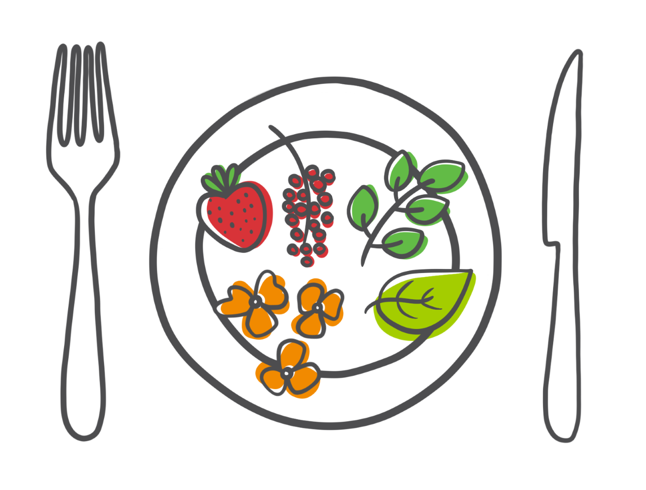 Bord met fruit, kruiden en bloemen; vork links, mes rechts.
