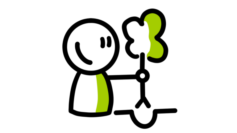 Poppetje plant een boom met groene bladeren in een gat.