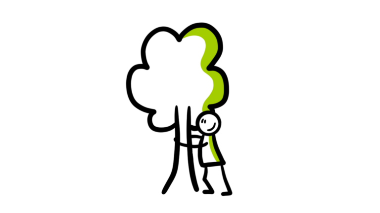 Stickfiguur omarmt een boom, deels groen, op een witte achtergrond.