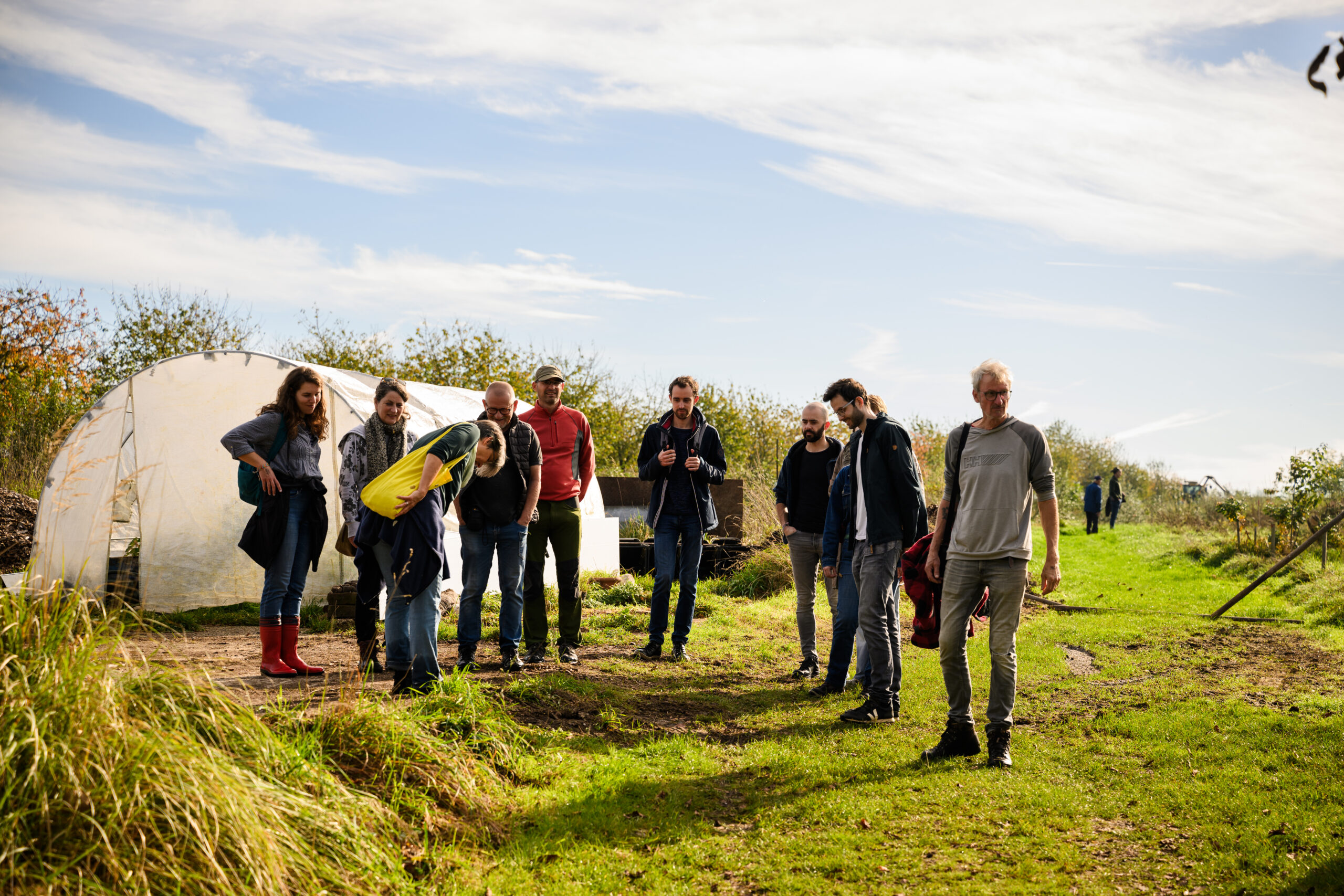 Groep mensen op een grasveld bij een plastic tunnel, zonnige dag, informele setting.