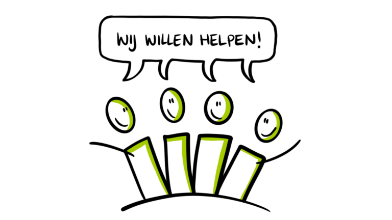 Vier cartoonfiguren met tekstballon: 