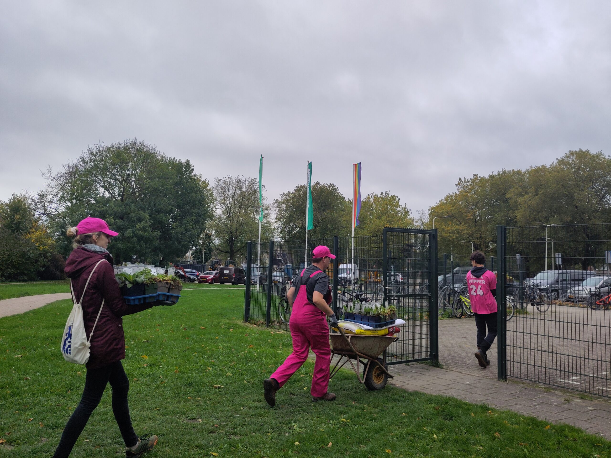 Mensen in roze kleding vervoeren planten in een park, bij een hek met fietsenstalling.