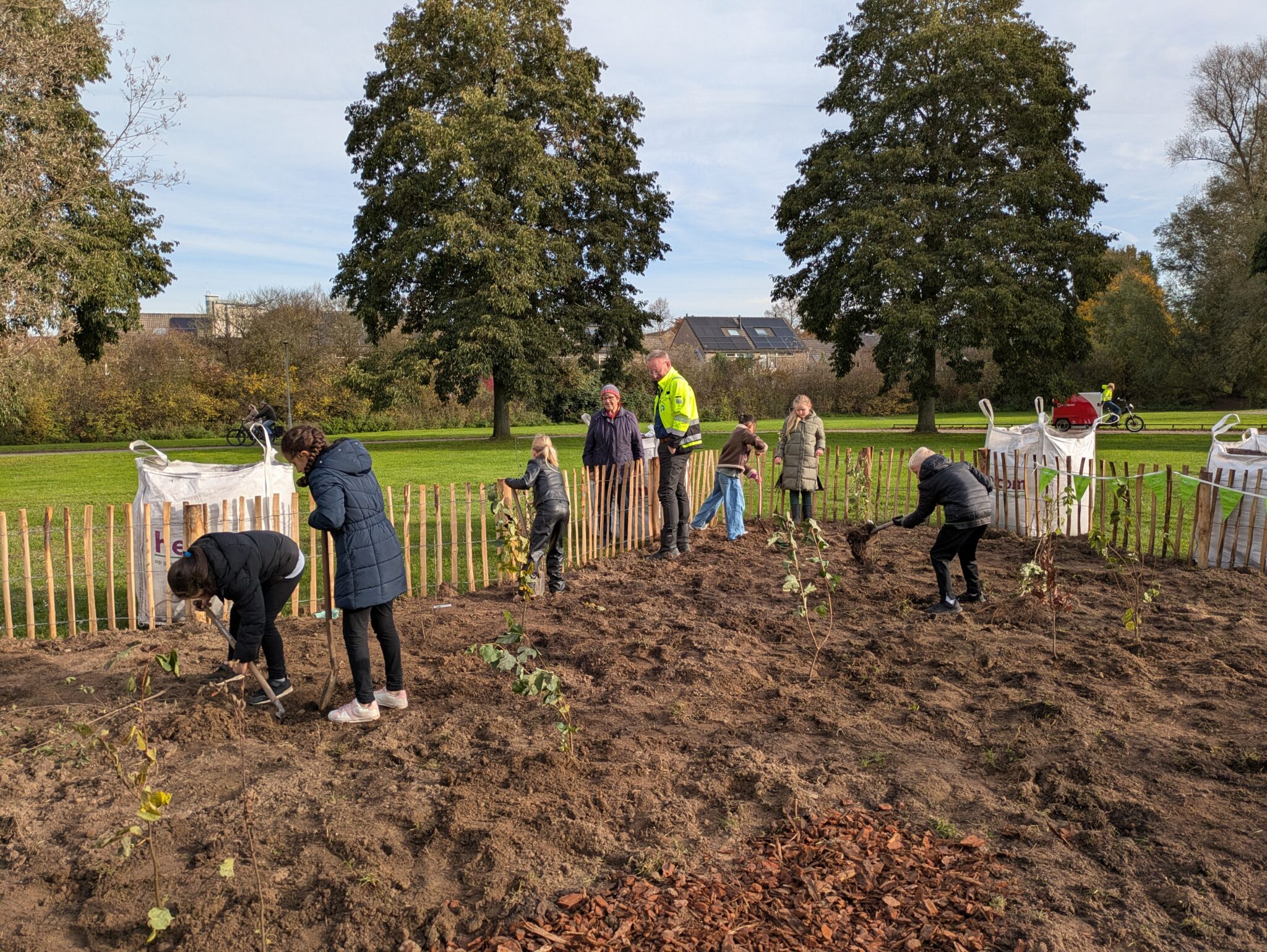 Mensen planten bomen in een omheind parkgebied bij helder weer.