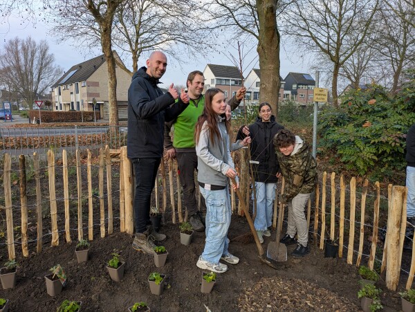 Groep plant bomen in een tuin met hekken, potten en omringende huizen op de achtergrond.