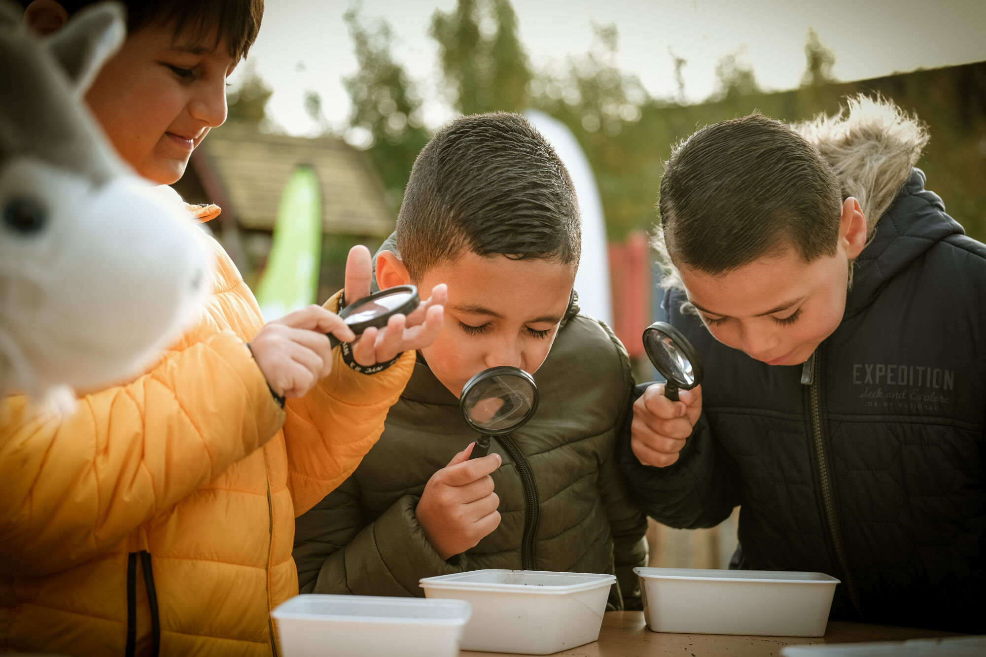 Drie kinderen onderzoeken bakjes met vergrootglazen in een buitenomgeving.