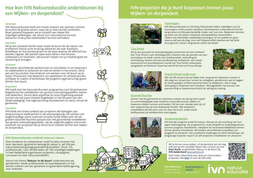 Folder over IVN Natuureducatie-projecten en -programma's met foto's van groeninitiatieven en projecten.