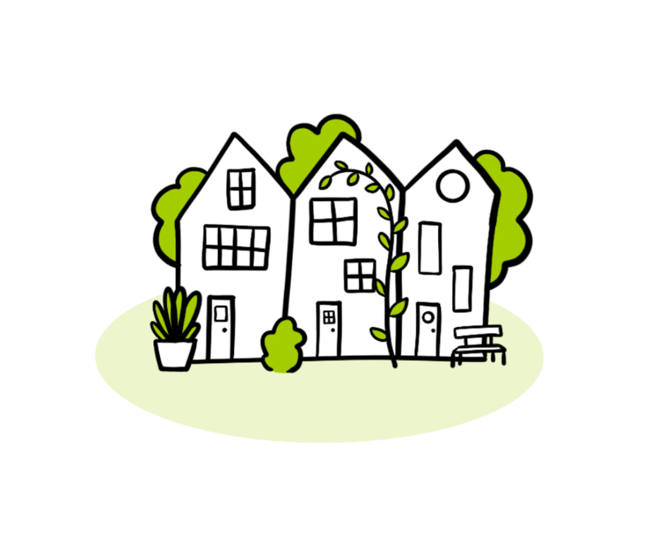 Drie huizen met bomen, plant, bank en klimop op groen grasveld.