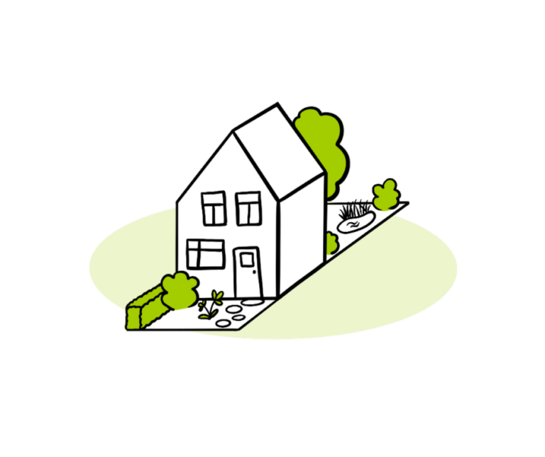 Eenvoudige tekening van een huis met een tuin en bomen eromheen.