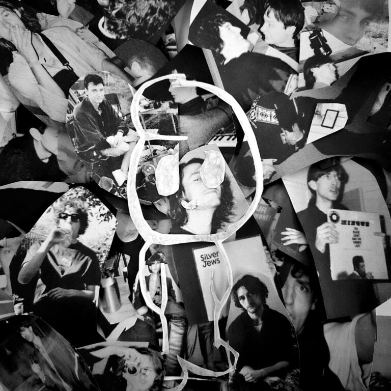 Collage van zwart-wit foto's, mensen in alledaagse situaties, overlopend met een witte tekening.