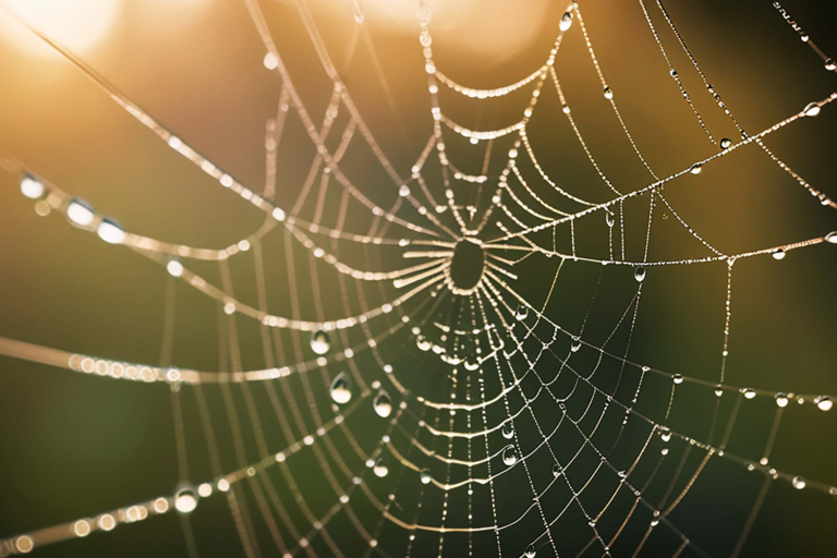 Een spinnenweb met dauwdruppels glinstert in het ochtendlicht.