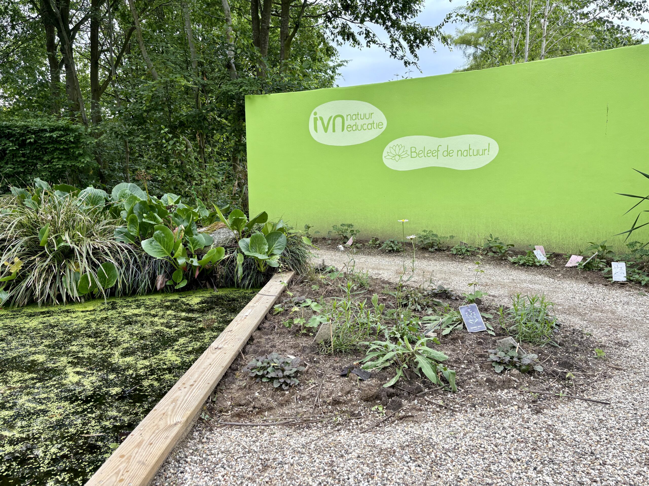 Groene muur met "IVN natuur educatie" en "Beleef de natuur!" in de nieuwe Tuiny tuin in Appeltern.