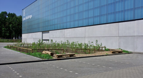 Industriegebouw met aangrenzende tuin, bankjes en bomen op een zonnige dag.