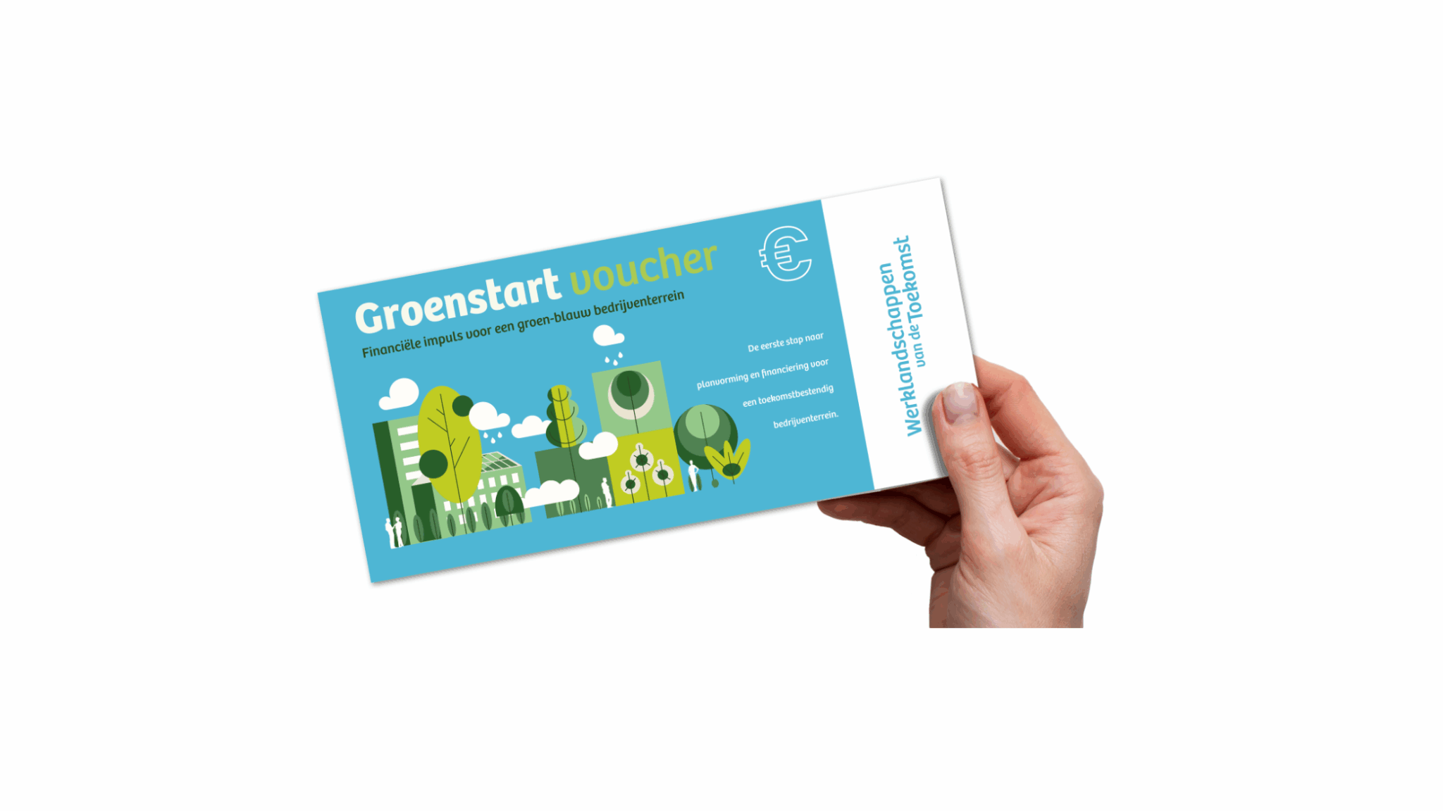 Hand houdt een Groenstart voucher met groene illustraties en tekst over duurzame bedrijventerreinen.