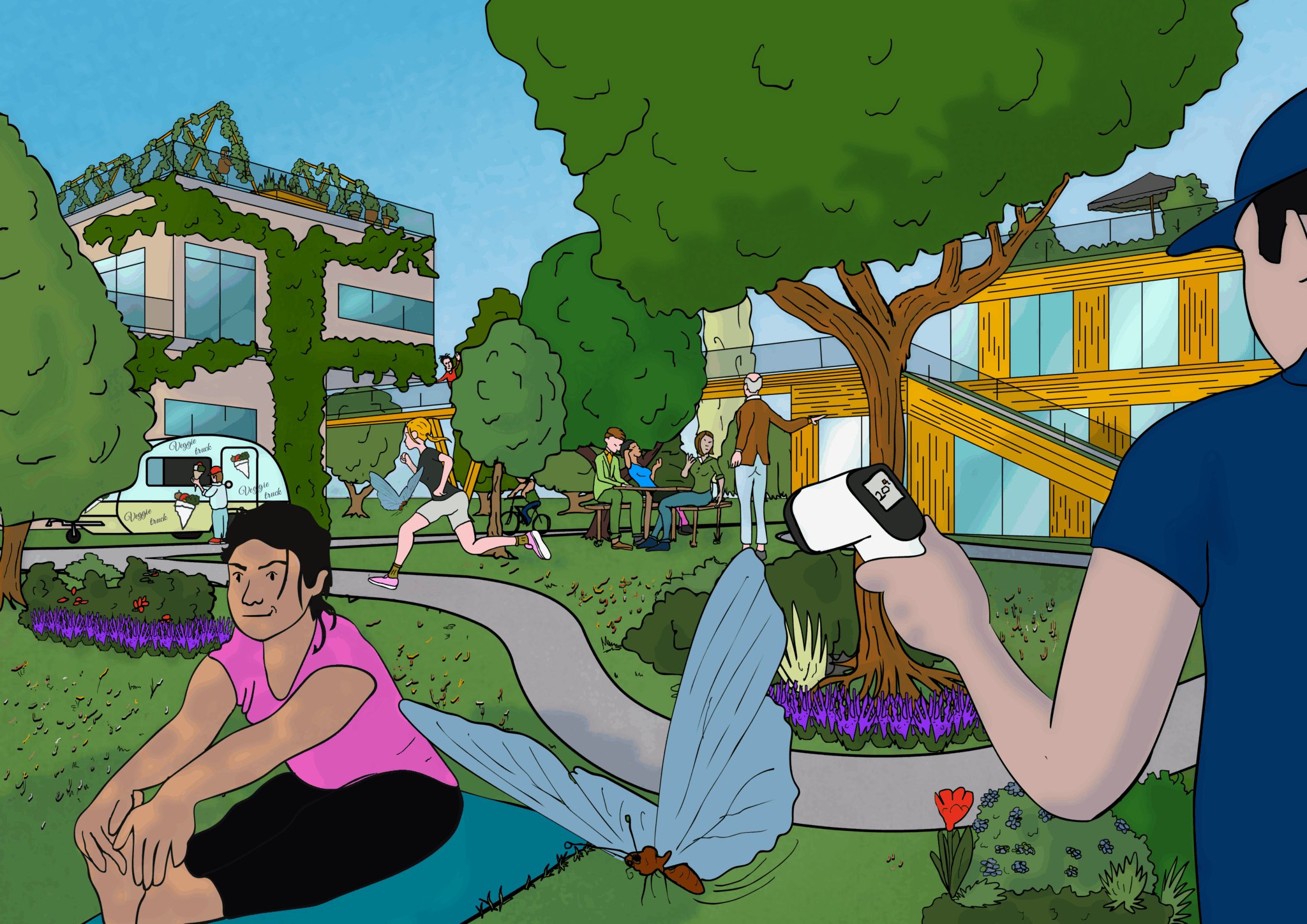 Stadspark met mensen die recreëren, een groene gevel, bomen en een grote blauwe vlinder.