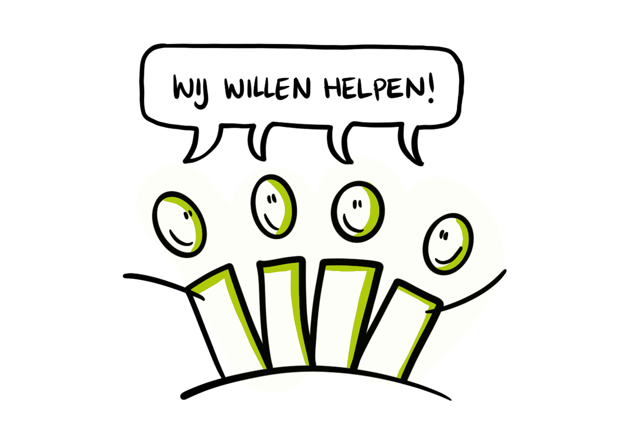 Illustratie met tekst 'wij willen helpen'