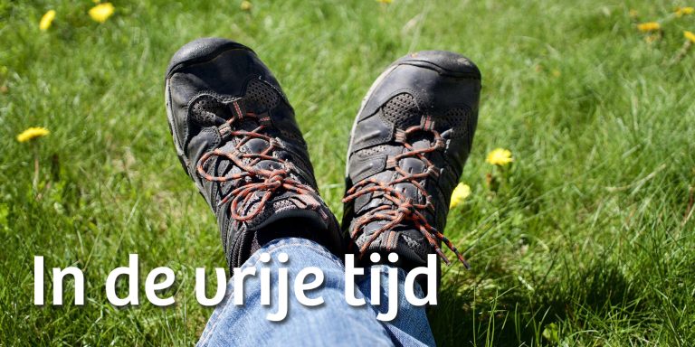 Wandelschoenen in het gras met de tekst 