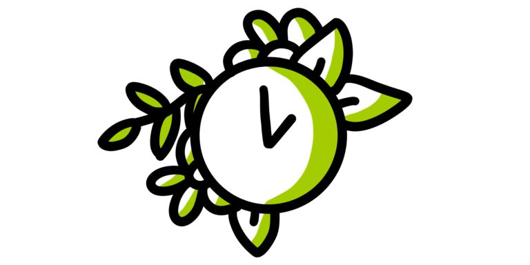 Illustratie van klok met groene blaadjes