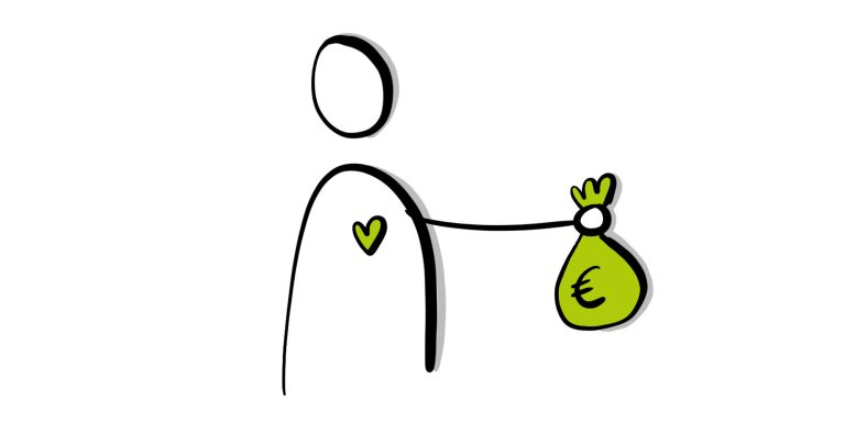 Illustratie van poppetje met zak geld