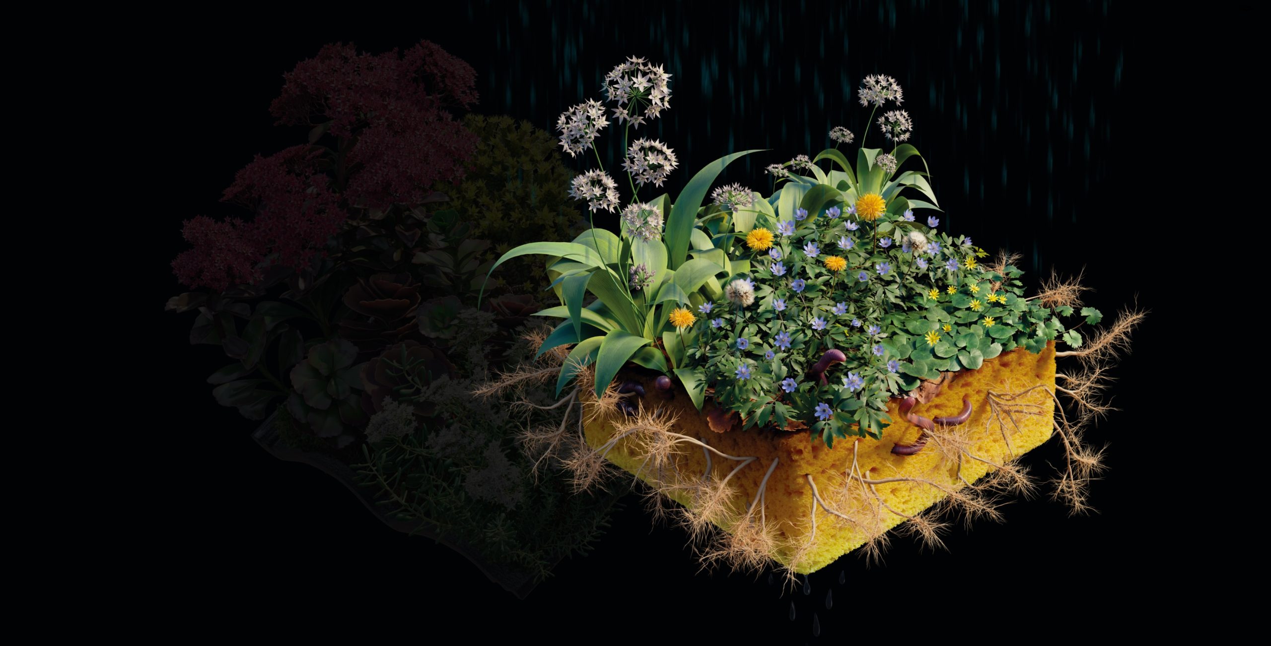 Drijvend stuk aarde met bloemen, gras, wortels en regen op zwarte achtergrond.