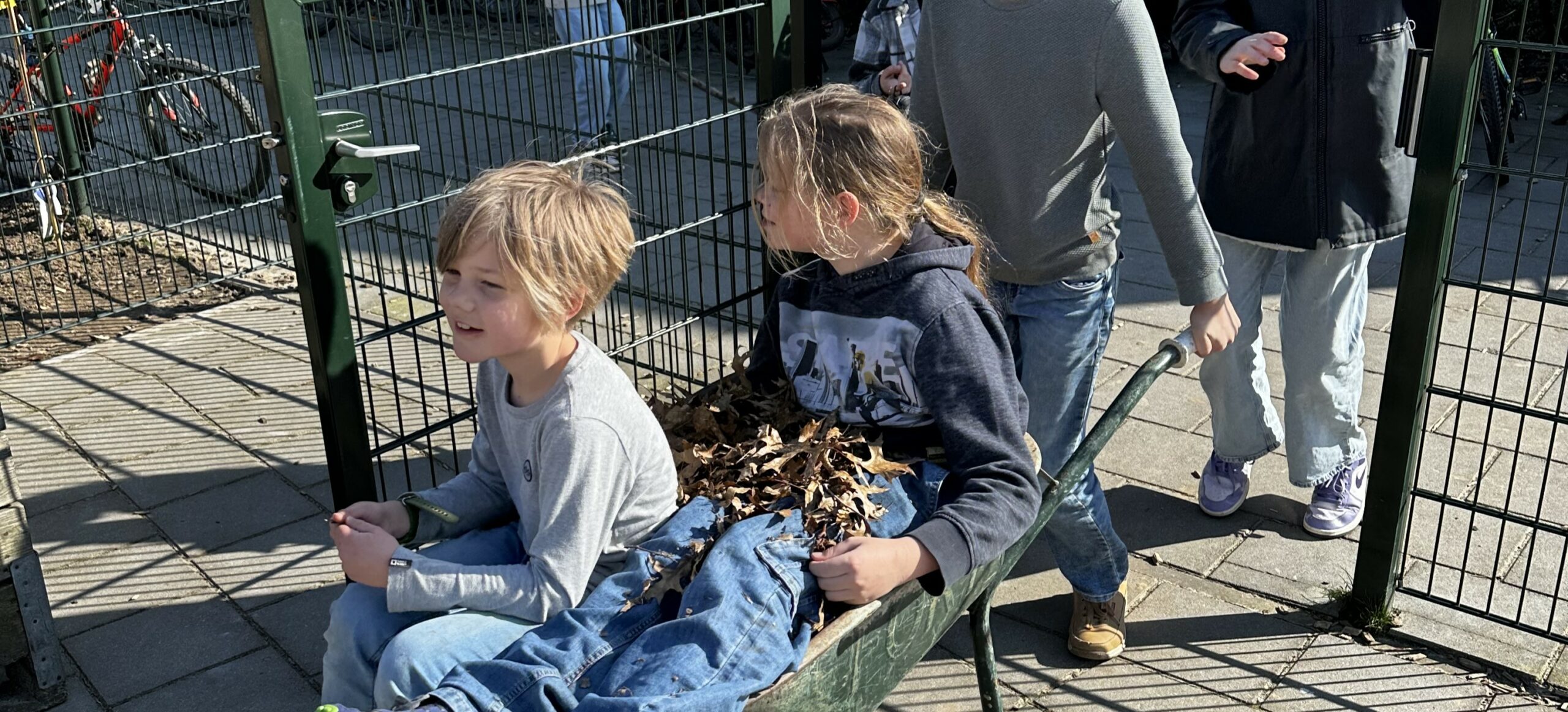 Kinderen zitten in een kruiwagen vol bladeren, geduwd door een ander kind op een zonnige dag.