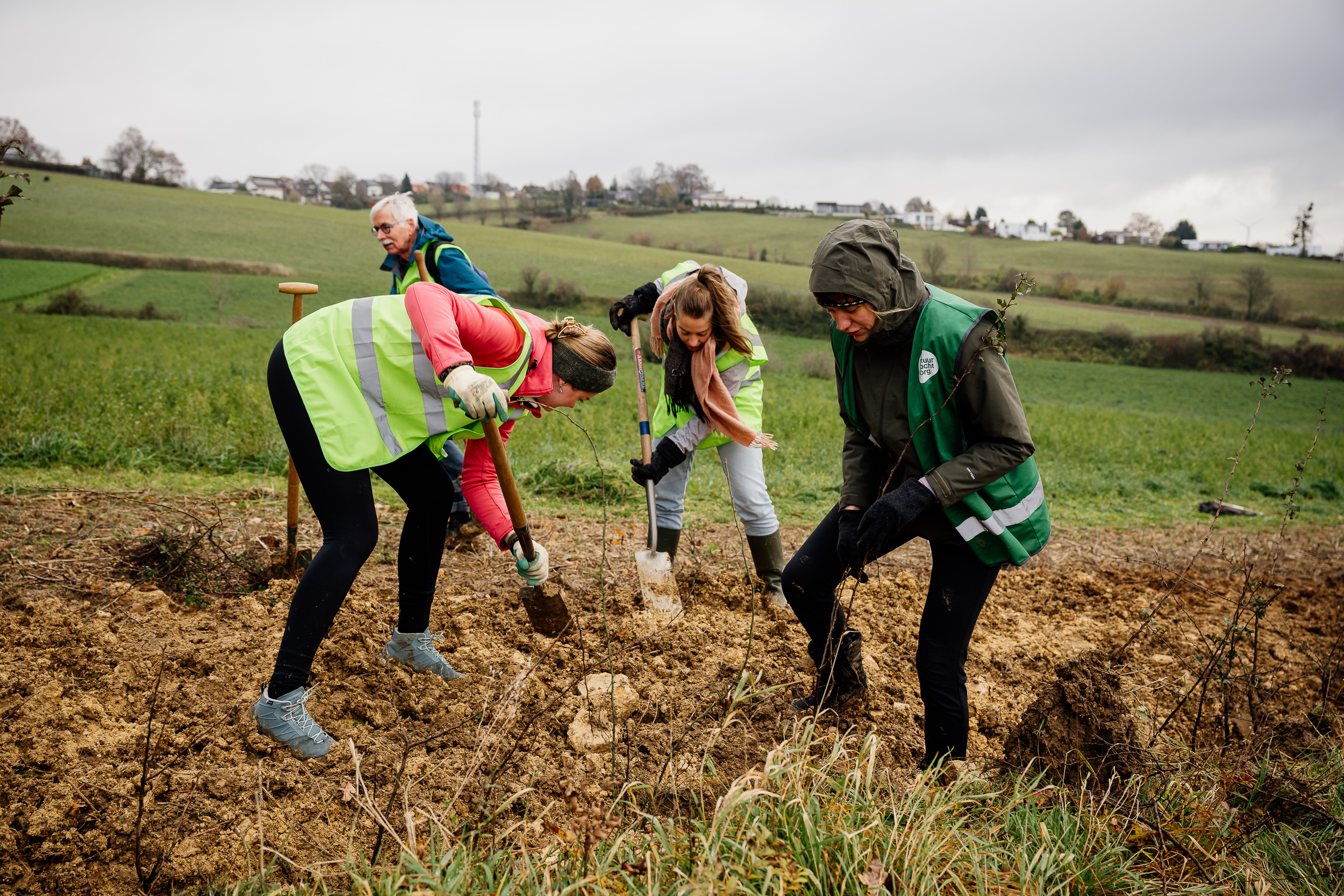 Mensen planten bomen op een heuvelachtig veld, gekleed in felgekleurde veiligheidsvesten.