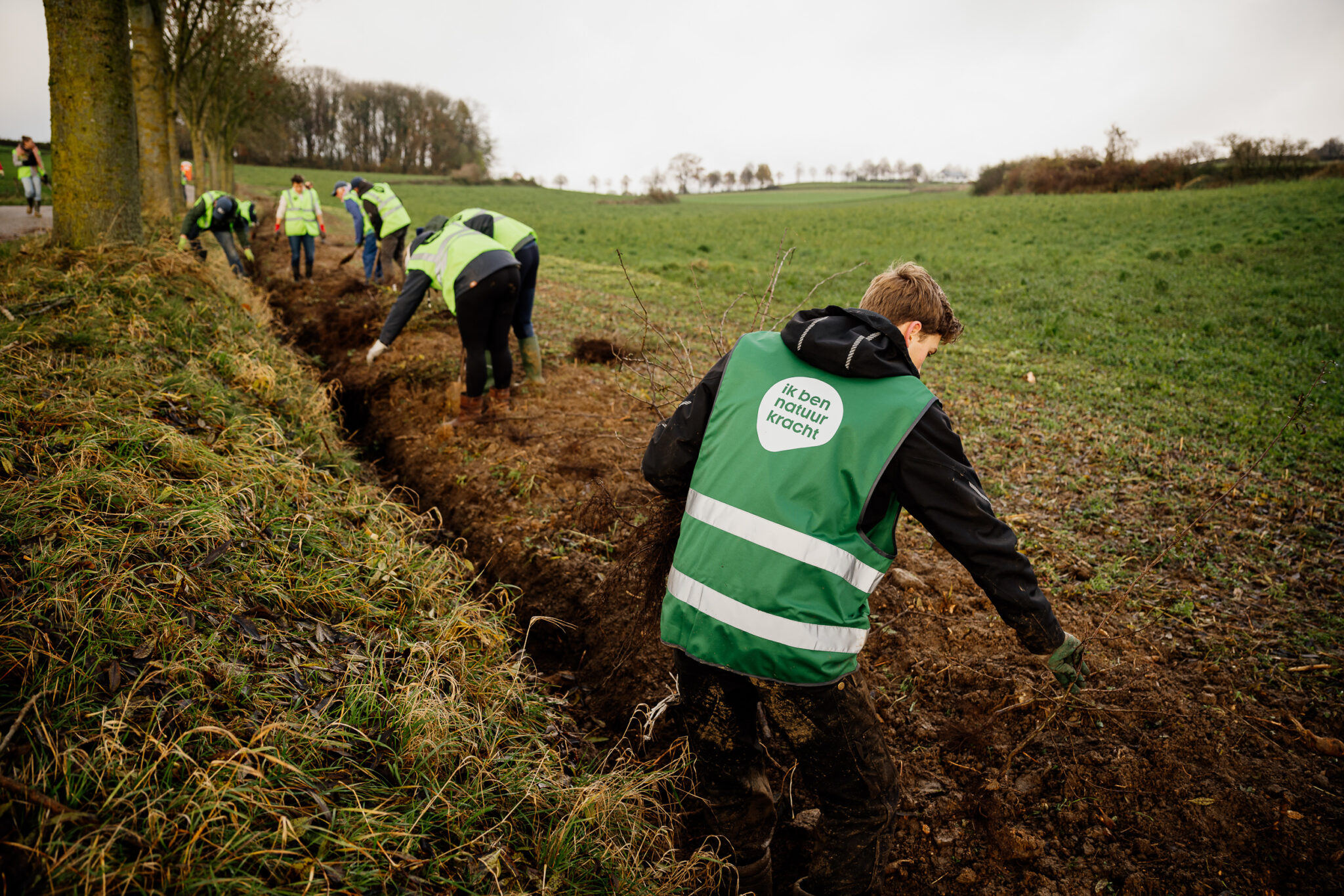 Mensen planten bomen in een veld, dragen groene hesjes met "ik ben natuurkracht" erop.