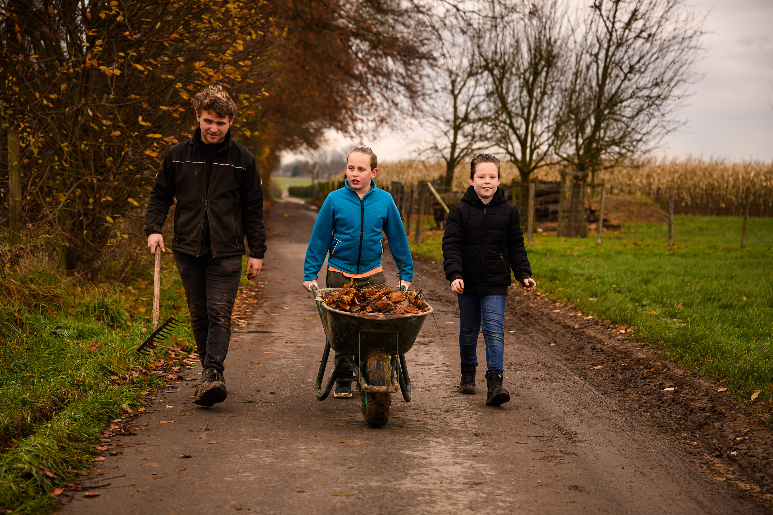 Drie mensen lopen over een landelijke weg; een duwt een kruiwagen vol bladeren.
