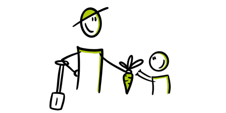 Eenvoudige tekening van boer met schop geeft kind een wortel.