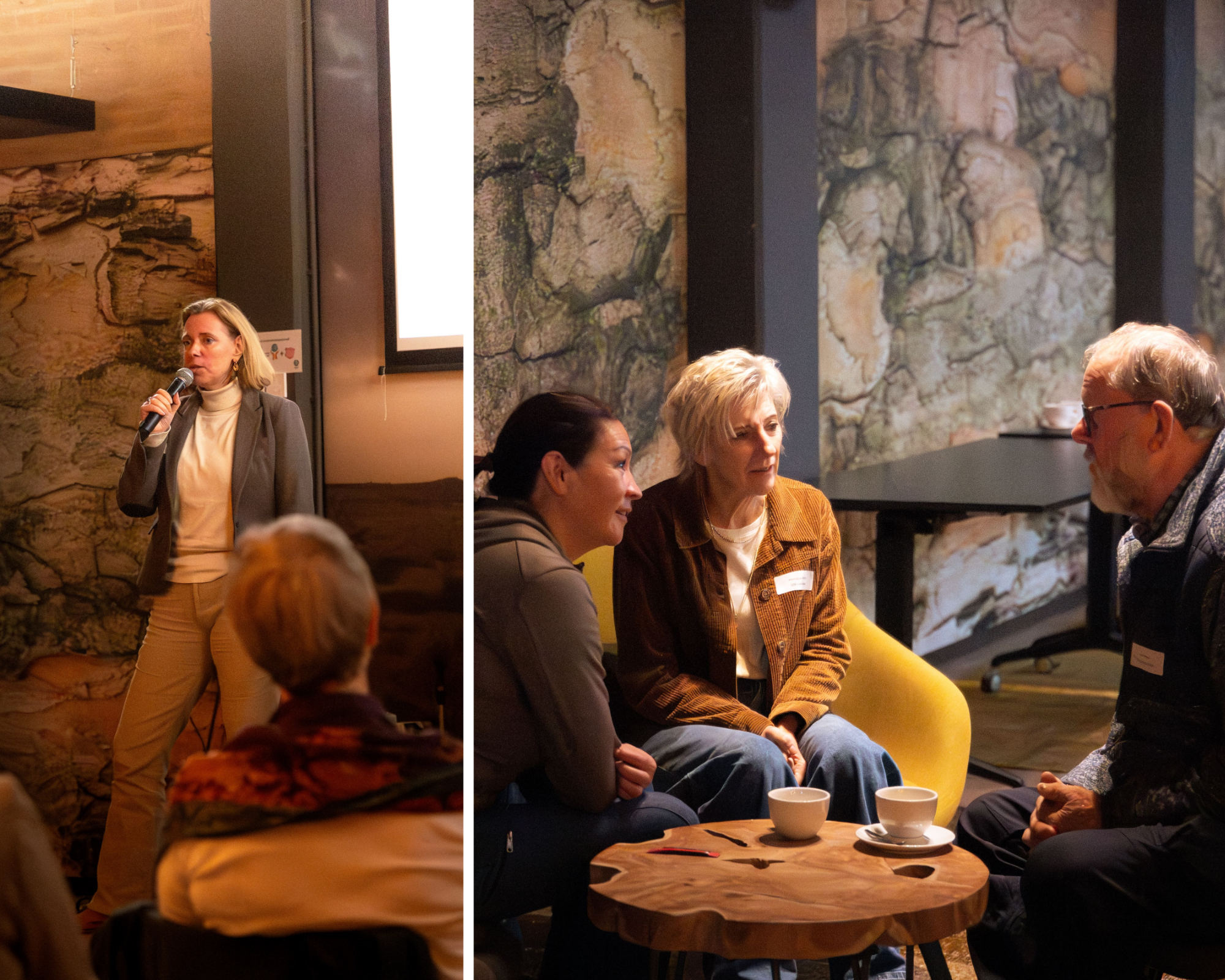 Vrouw spreekt voor publiek; drie mensen discussiëren aan tafel met koffie.