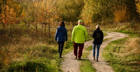 Drie mensen wandelen op een bospad in de herfst, omringd door kleurrijke bomen en gras.