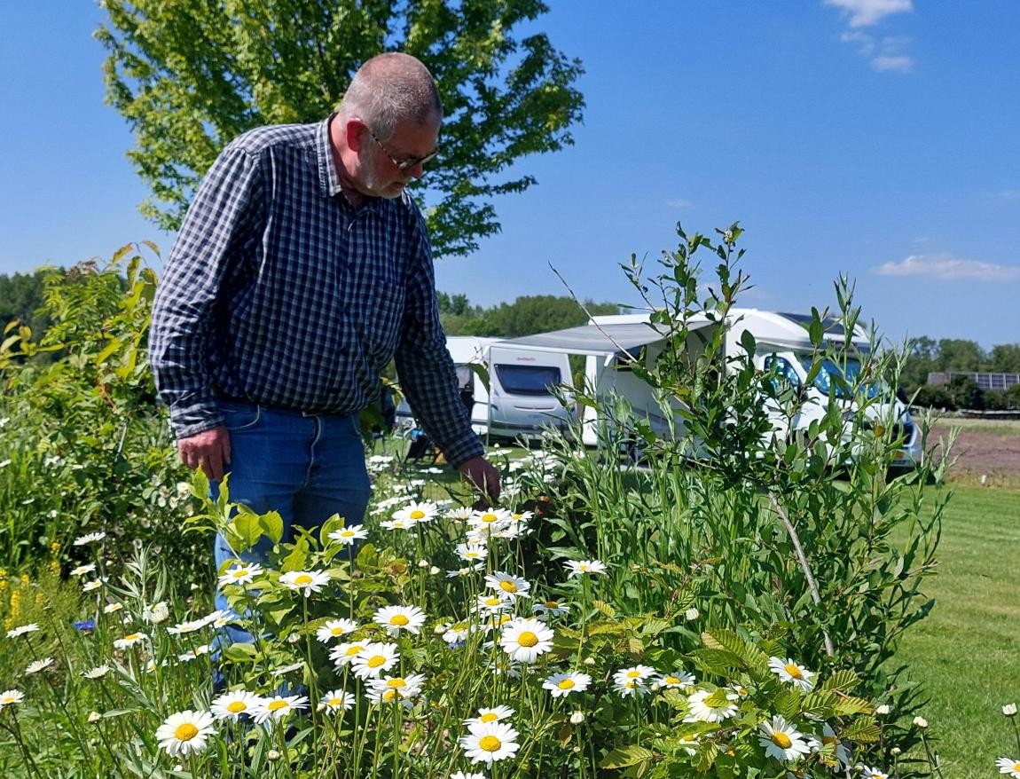 Man buigt zich over bloemen in een tuin met een caravan op de achtergrond.