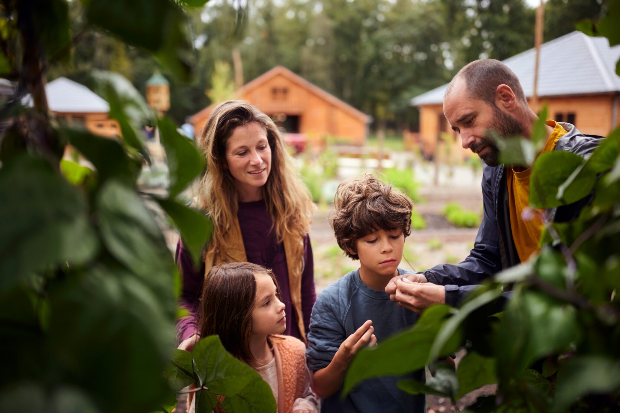 Familie onderzoekt planten in een tuin, met houten gebouwen op de achtergrond.