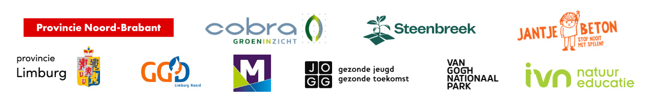 Een rij van elf logo's van organisaties zoals provincies, natuur- en gezondheidseducatie.