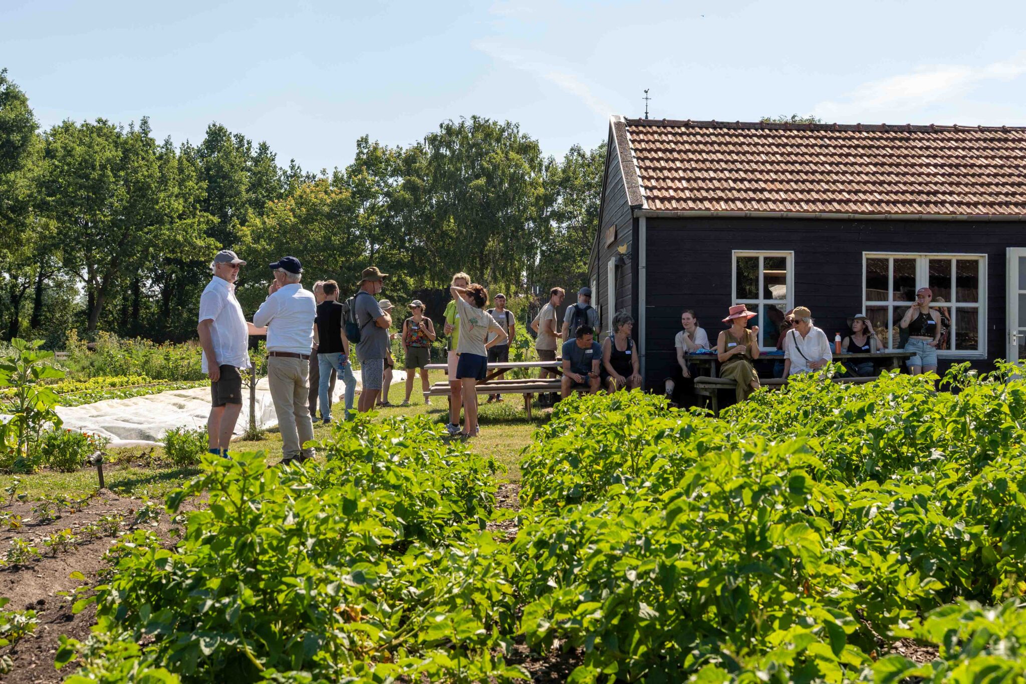 Mensen staan en zitten in een groene tuin bij een houten gebouw, omringd door bomen.