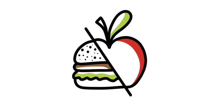 Half hamburger, half appel gescheiden door een schuine lijn.