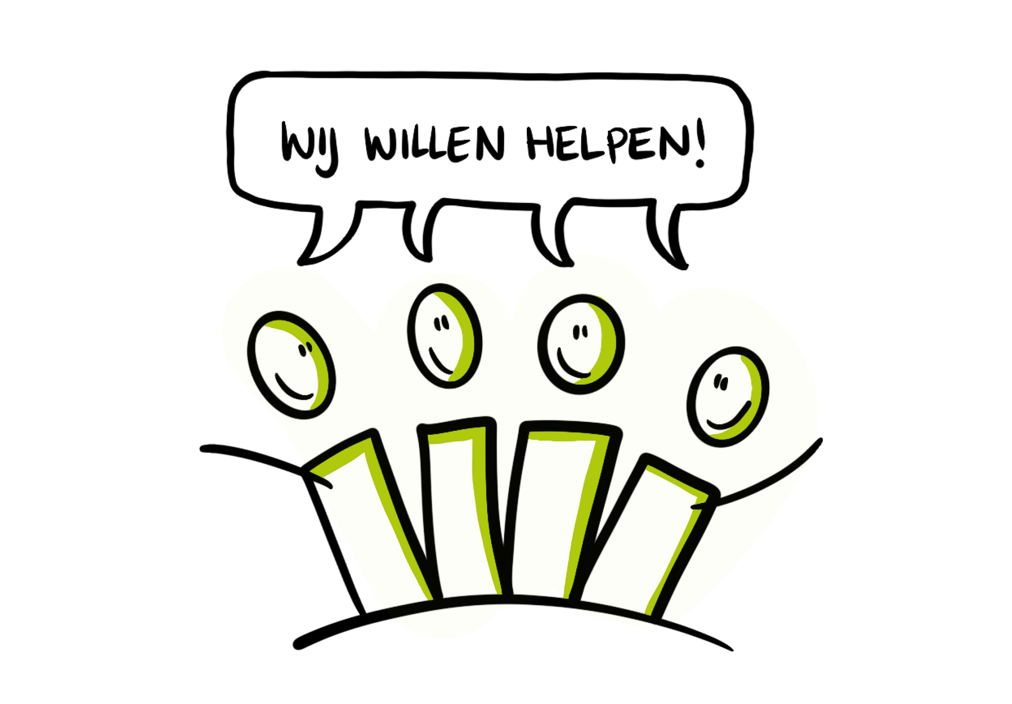Illustratie van poppetjes met tekst "Wij willen helpen!"