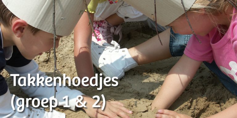 Afbeelding van kinderen die in het zand graven met tekst "Takkenhoedjes (groep 1 en 2)"