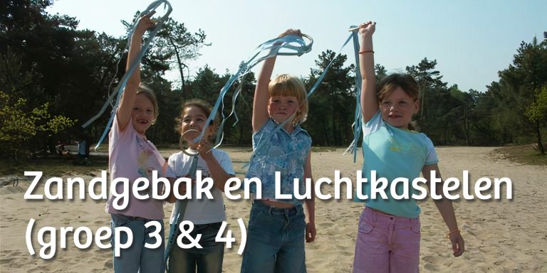 Kinderen houden linten in de lucht in Nationaal Park De Loonse en Drunense Duinen met tekst "zandgebak en luchtkastelen (groep 3 en 4)"