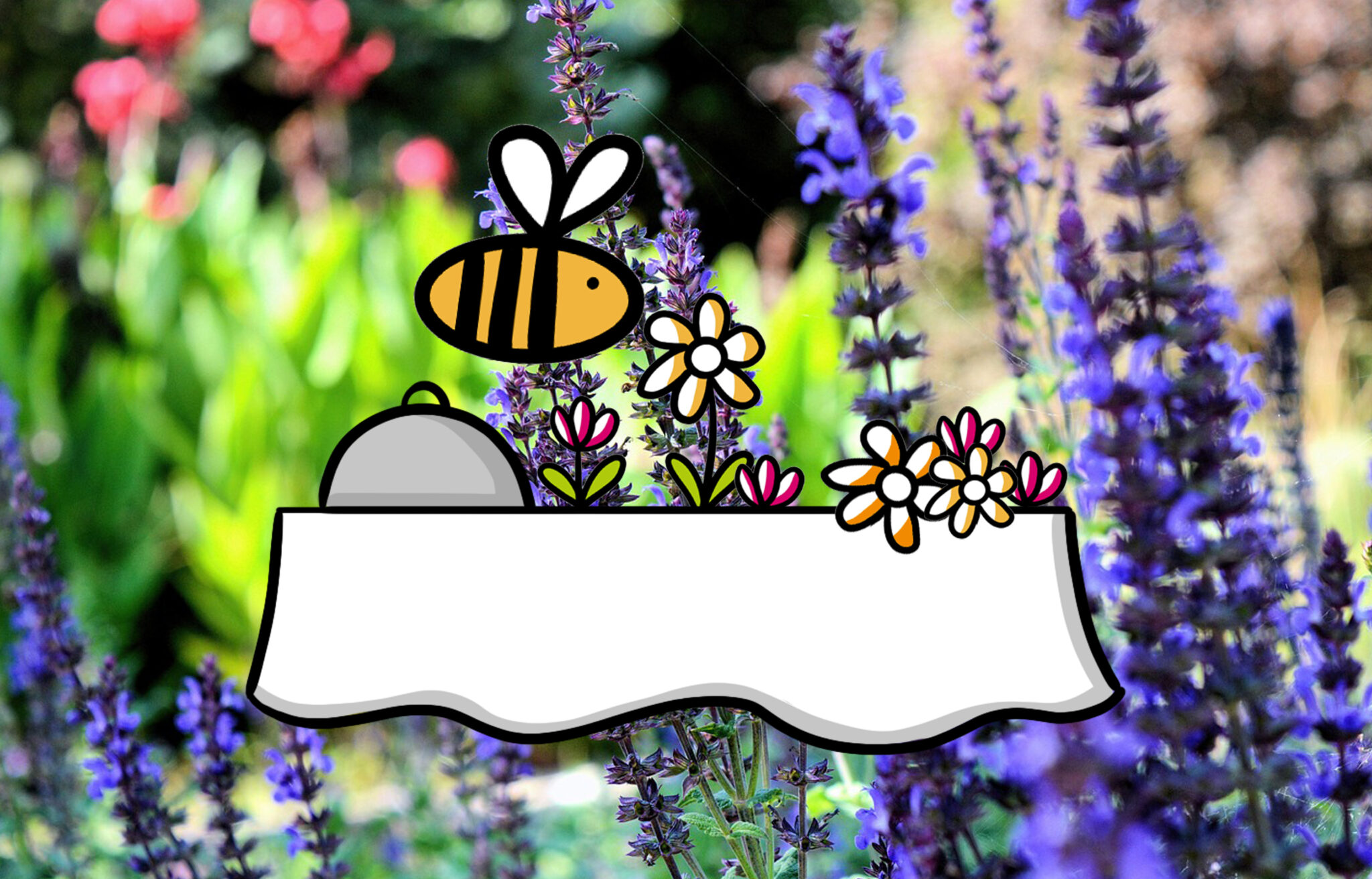 Cartoonbij en bloemen in een kleurrijke tuin met paarse lavendel.