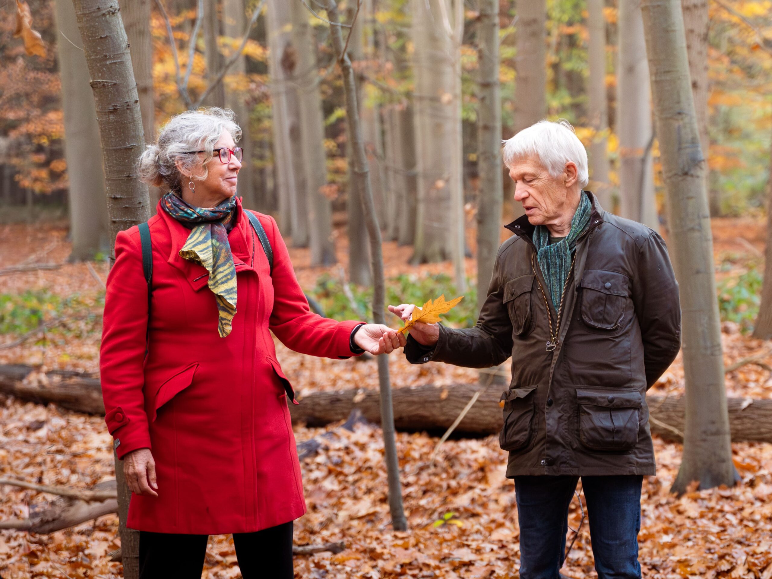 Twee mensen in herfstbos, één geeft een blad aan de ander.