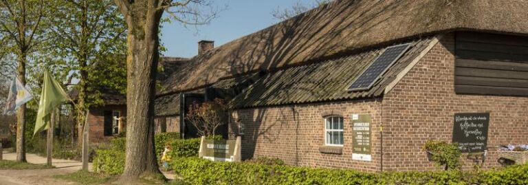 Een bakstenen boerderij met rieten dak en zonnepanelen, omringd door bomen en groene heggen.