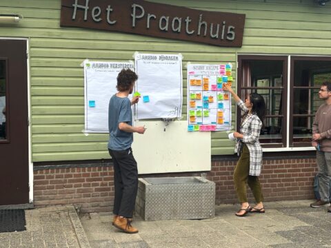 Mensen voor een gebouw plakken gekleurde post-its op grote vellen buiten bij "Het Praathuis".