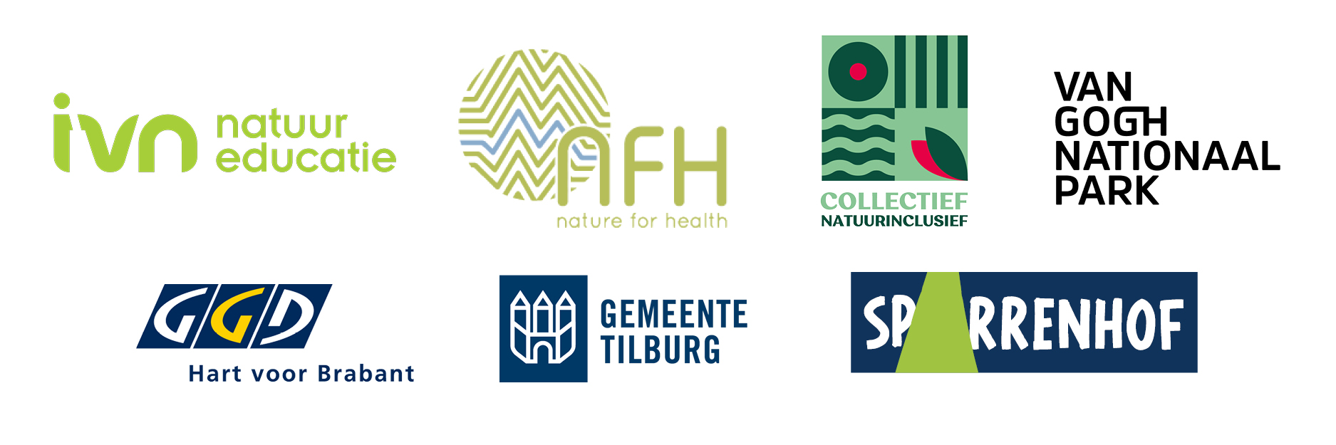 Logos van IVN, NFH, Van Gogh Park, Collectief Natuurinclusief, GGD, Gemeente Tilburg, Sparrenhof.