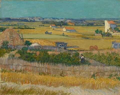 Schilderij van een zonnig landschap met velden, hooiberg, huizen en een boer die werkt.