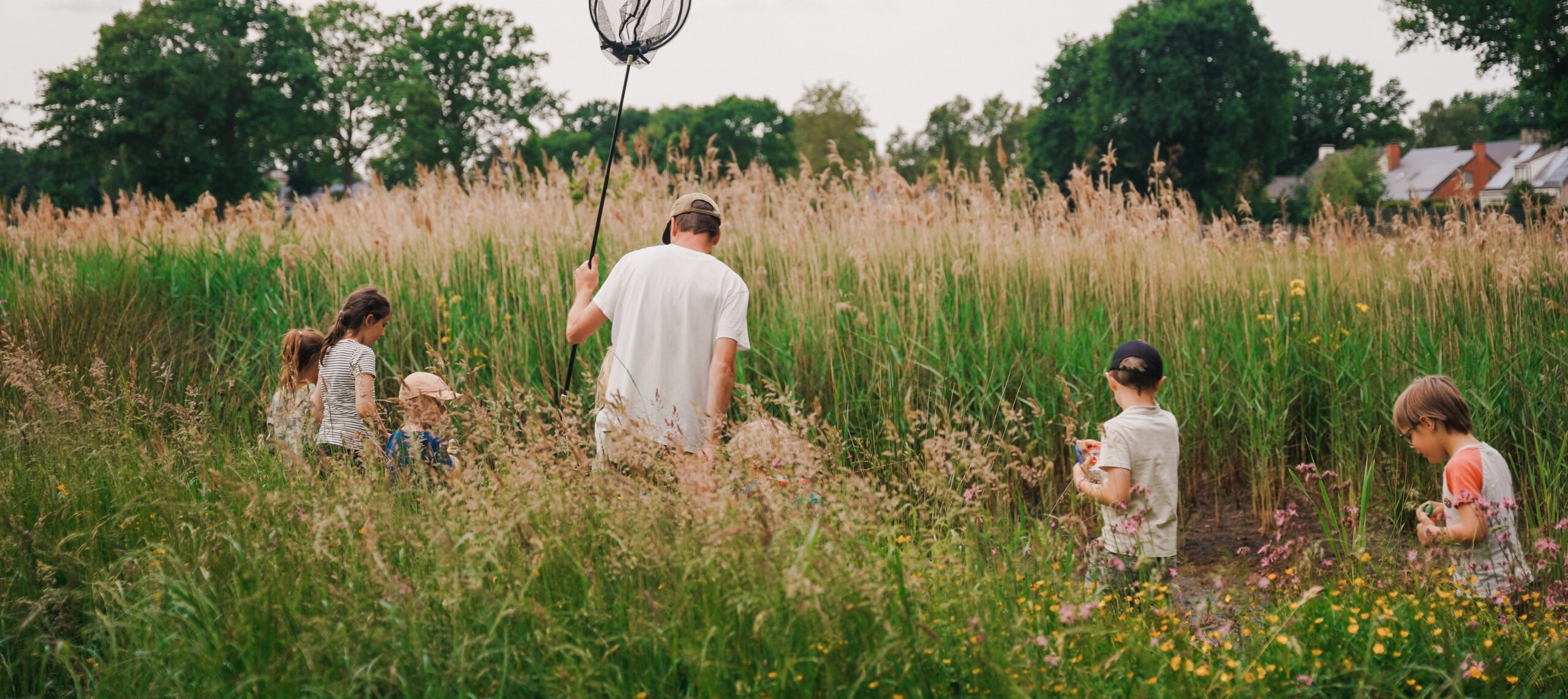 Een groep kinderen verkent een grasveld met een volwassene die een schepnet vasthoudt.