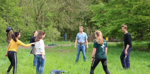 Groep mensen speelt een spel in een groen park op een zonnige dag.