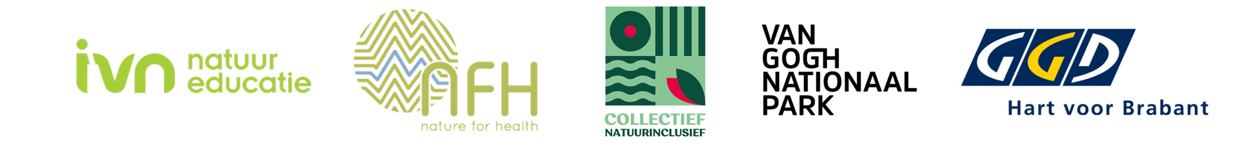 Logos van IVN, Nature for Health, Collectief Natuurinclusief, Van Gogh Nationaal Park, GGD Hart voor Brabant.