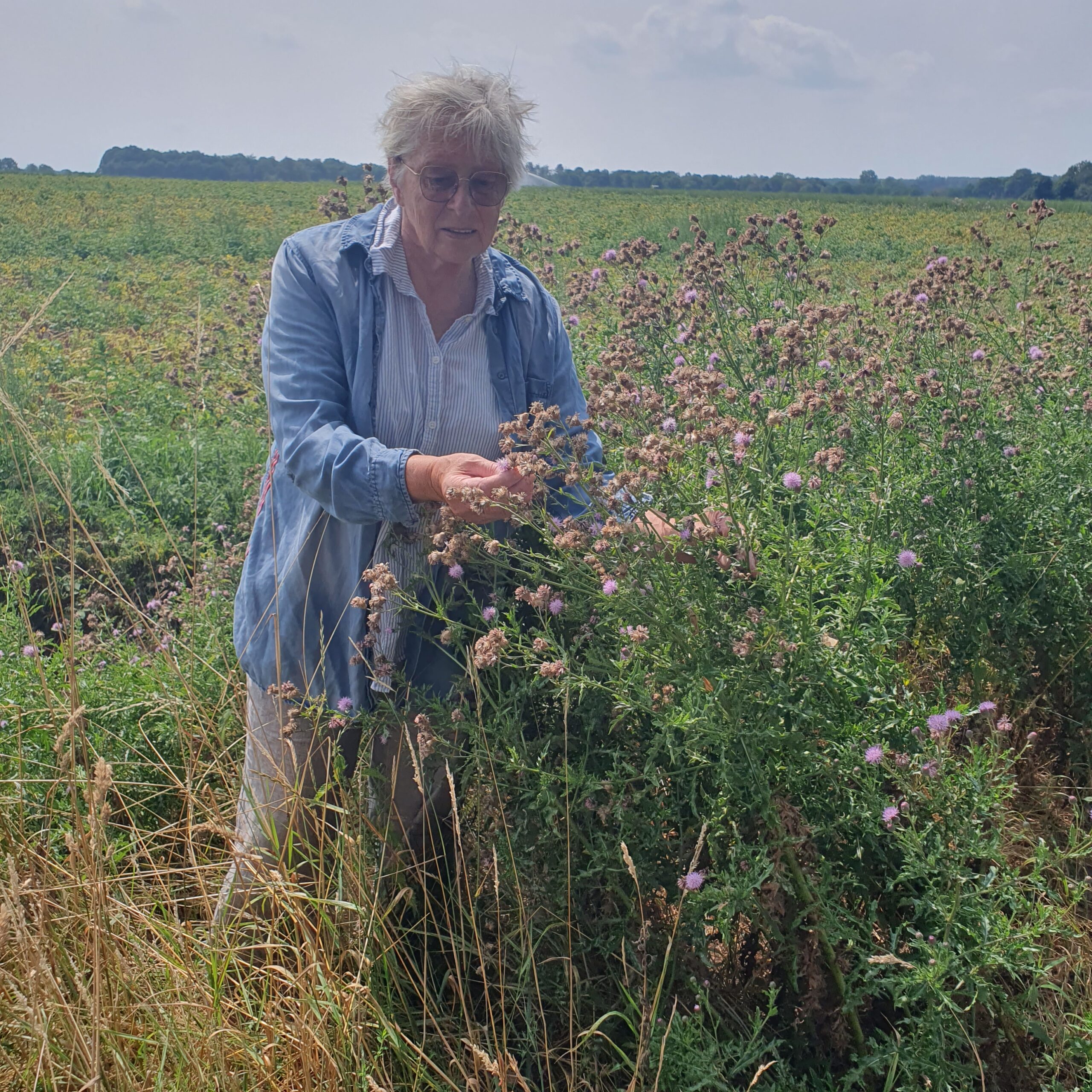 Vrouw staat in een grasveld