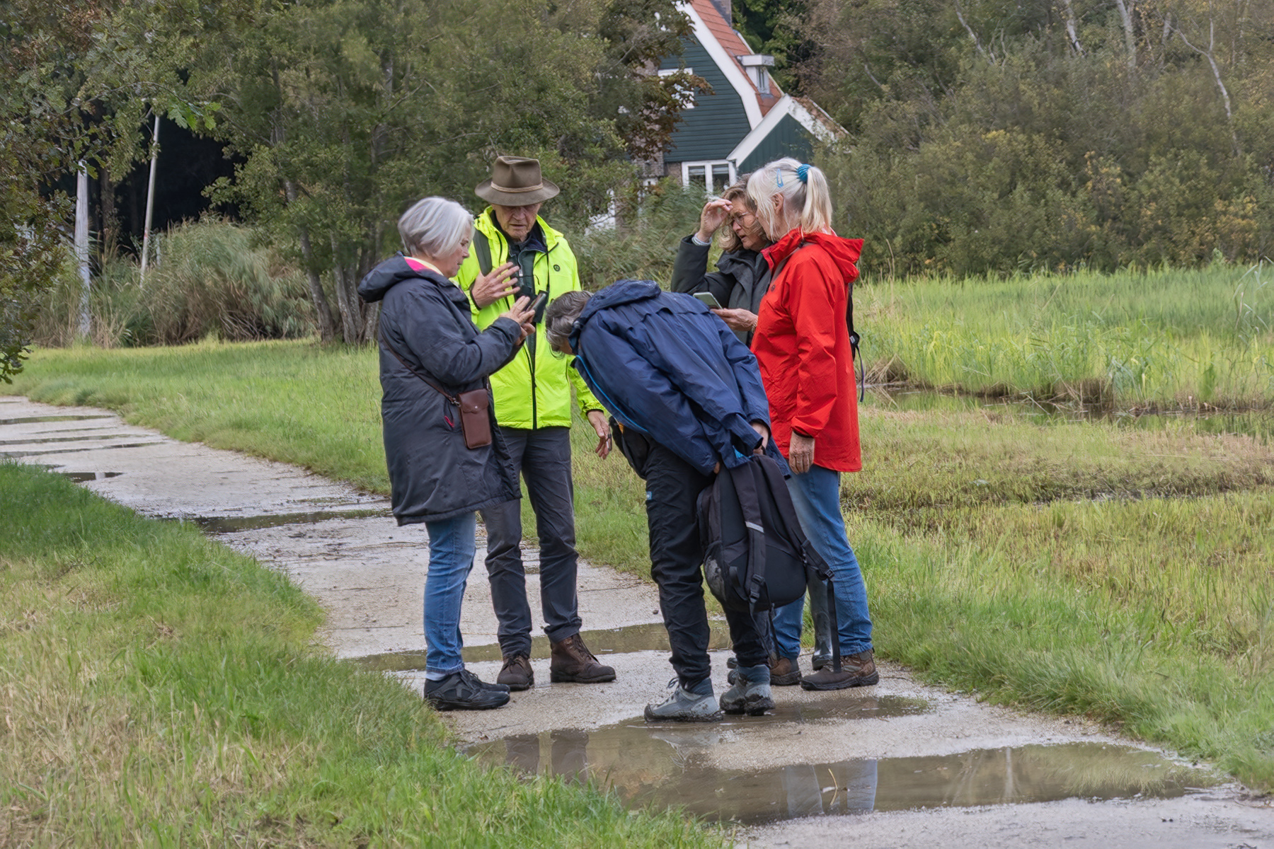 Vijf mensen met wandelkleding bekijken iets op een nat pad in een groene, landelijke omgeving.