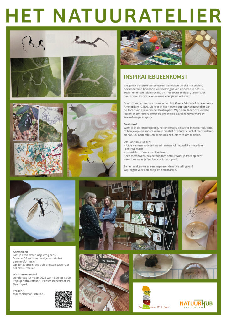 Poster van Het Natuuratelier met foto's van natuurprojecten en tekst over een inspiratiebijeenkomst.